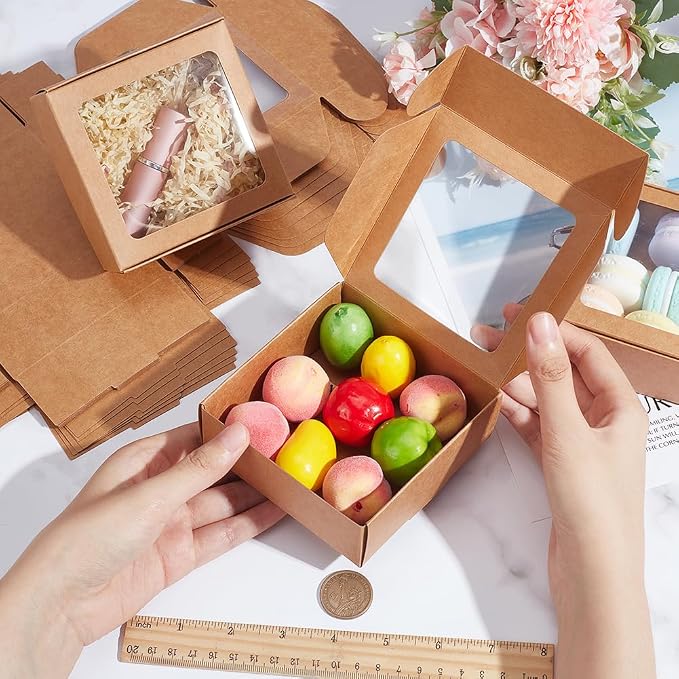 BENECREAT 18 Packs 4x4x1.6 Inch Brown Kraft Paper Box with Clear Windows Foldable Paper Gift Box Goodies Candy Box Dessert Box for Party Wedding Bakery Packaging