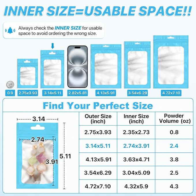 ANZNKU 100 Pack Lake Blue Resealable Mylar Bags with Frosted Clear Window 3.14x5.11", Smell Proof Sealable Packaging Bags Foil Pouch Bag for Food Jewelry Candy Treat Storage Supplies