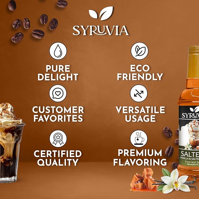 Syruvia Coffee Syrup, SALTELLA Syrup, Vanilla Salted Caramel Flavored Syrup for Drinks, Lattes, and Desserts – 25.4 fl oz - with Pump