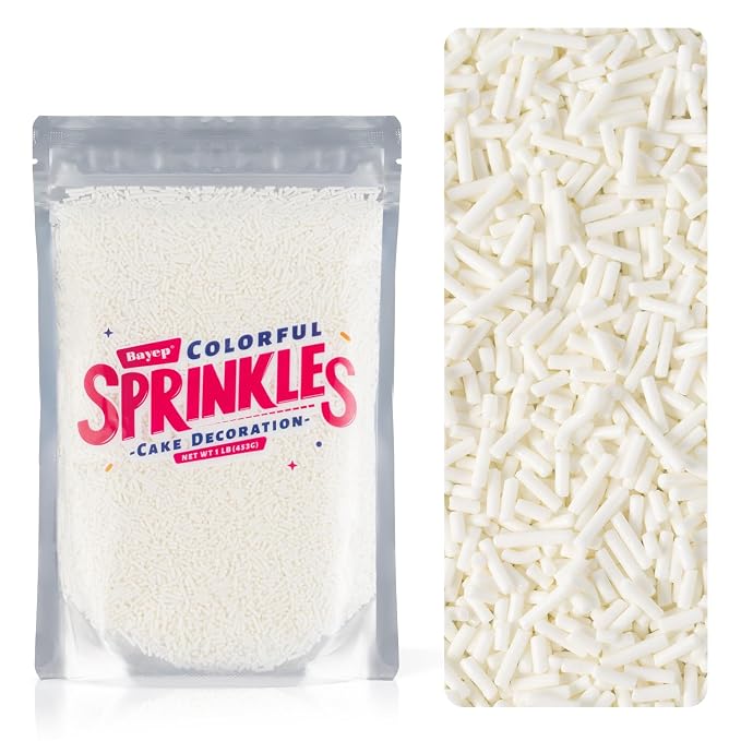 Edible White Sprinkles Bulk 16 oz Bulk White Jimmies for Ice Cream Dessert Toppings brownies Cookies, Cupcakes, Cake Decorating Birthday Baby Shower