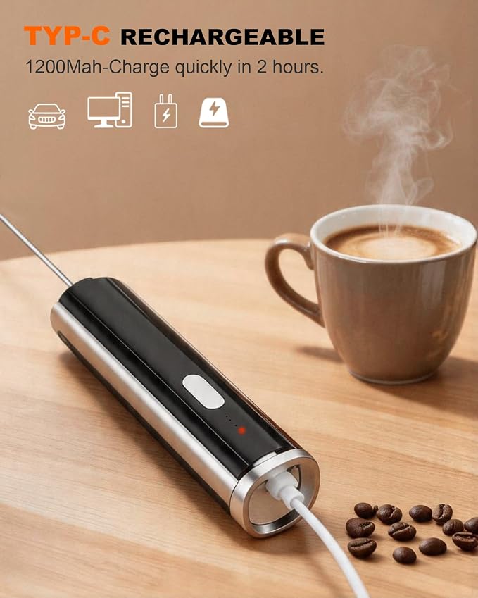 3-Speed Rechargeable Milk Frother Handheld with Stand & 3 Whisks, Dual Coil Whisk Coffee Frother Handheld - Electric Frother Wand for Coffee Matcha Cappuccino, Kitchen Gift Set, Black