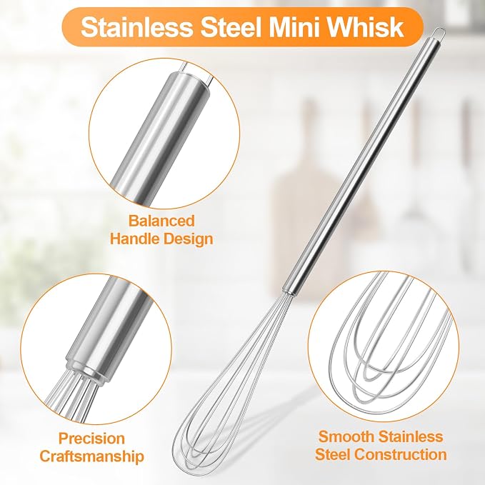 2 Pcs 11-Inch Mini Whisk, Stainless Steel Small Whisk with Long Handle, Kitchen Stirrer for Coffee, Eggs, Sauces and Baking, Durable Tiny Whisks Tool for Home & Kitchen Use