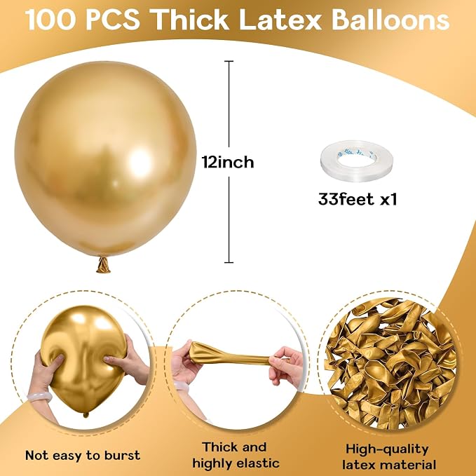 Jobkoo Gold Balloons 12 Inch 100 Pack, Metallic Gold Balloons Chrome Gold Metallic Balloon Shiny Matte Golden Latex Balloons for Birthday Graduation Anniversary Baby Shower Wedding Party Decorations