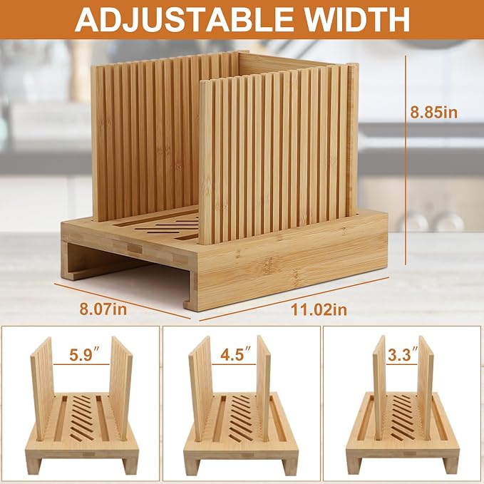 Bamboo Bread Slicer for Homemade Bread, Adjustable Width Bread Slicing Guides with Sturdy Wooden Cutting Board, Compact and Foldable - Makes Cutting Bagels or Even Bread Slices Easy, medium