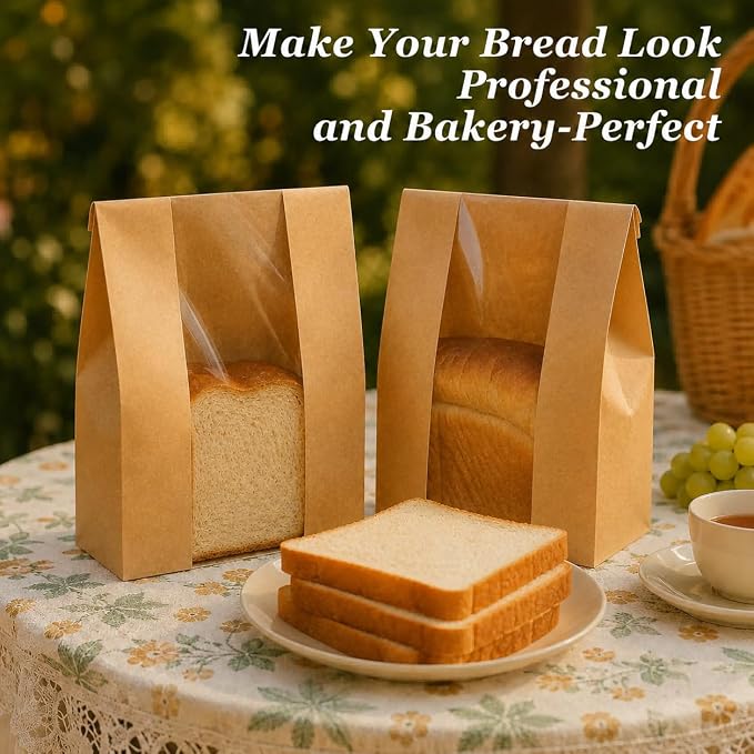 FUNFERY 100 Pcs Sourdough Bread Bags for Home Made Bread Sourdough,Large Paper Bags for Breads Gifting with Window&Cute Stickers,Loaf Bags for Bakery Packaging and Storage,Sourdough Starter Kit