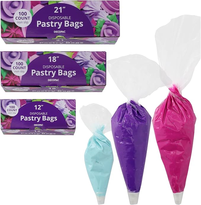 DecoPac Disposable Pastry Bag 100 Count Cake Decorating Supplies, 21 Inch, Non Slip Piping Bag, Clear