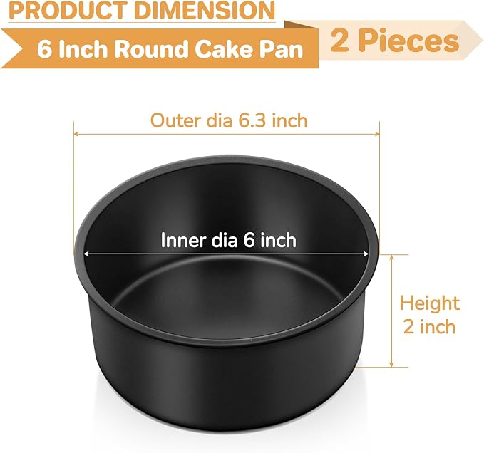 E-far 6x2 Inch Cake Pans Set, 2 Pieces Nonstick Round Cake Pans Tins for Baking Small Birthday Wedding Layer Smash Cakes, Stainless Steel Core & Nontoxic Coating, Straight Side(Black)