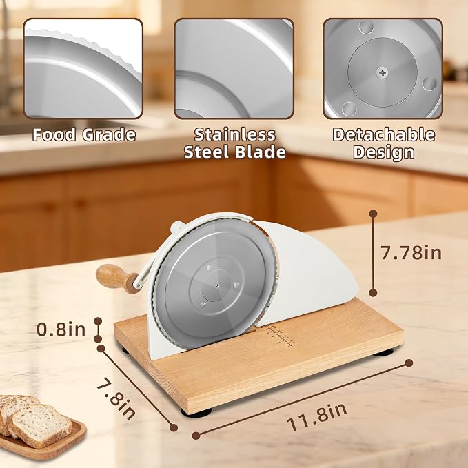 Manual Bread Slicer for Homemade Sourdough Bread, Adjustable Thickness Bread Cutter with Hand Crank, Slicing Guide, Scale Line, Stainless Steel Blade & Suction Cups, for Perfect Even Slices (Cream)