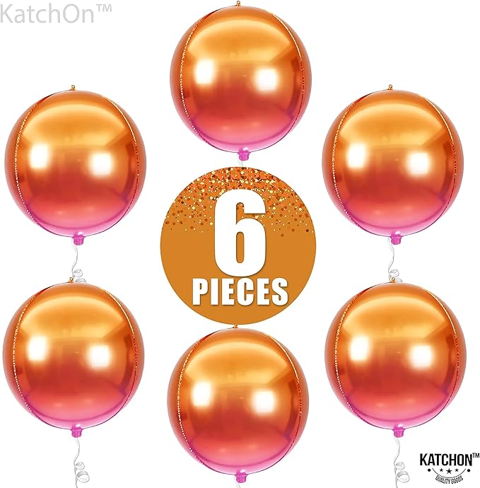 KatchOn, Orange Mylar Balloons - Large 22 Inch, Pack of 6 | Round 4D Orange Foil Balloons, Metallic orange Balloon for Birthday Decoration, Halloween Decorations, Basketball Party Decorations