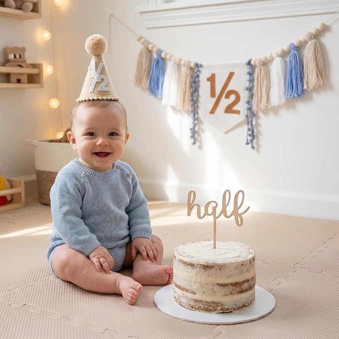 CWK Half Birthday Decorations for Baby, 1/2 Birthday High Chair Banner with Cone Hat & Cake Topper, Half Way to One Party Kit, Photo Props for 6 Month Baby Birthday(Blue)