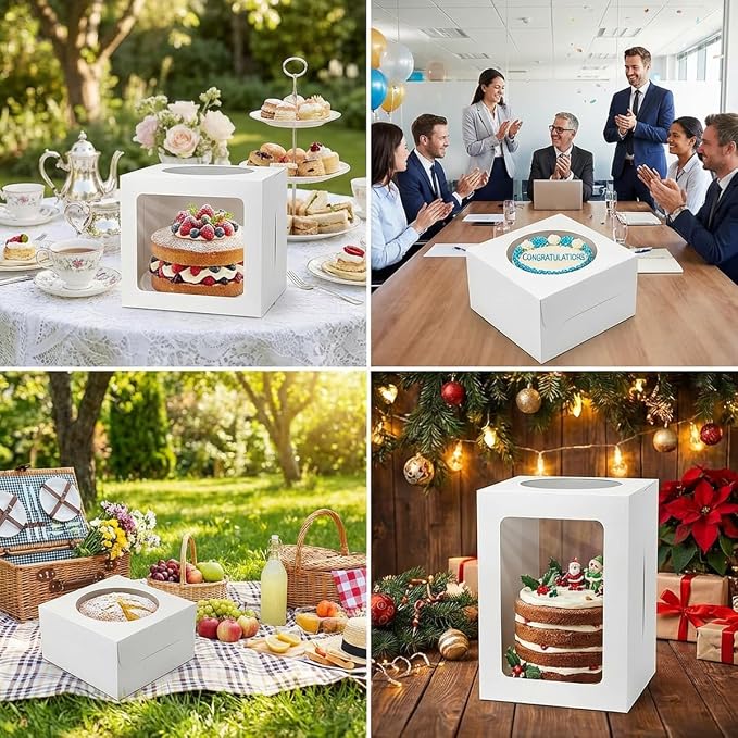 3 Pack 10x10x8 Inch White Cake Boxes with Window and Lids – Disposable Bakery Boxes for Cakes, Donuts, Pies, Cookies – Birthday, Wedding, Party Supplies