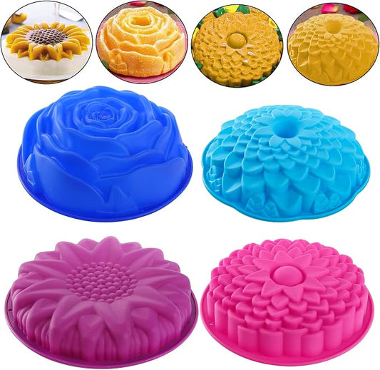 DEAYOU 4 Pack Flower Shape Silicone Cake Molds, Non-Stick Bread Pie Flan Tart Baking Pan Jello Molds, Round Silicone Baking Tray for Brownie, DIY, Anniversary, Birthday