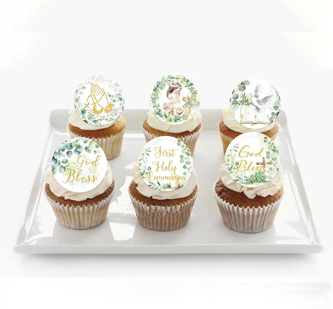 64 PCS Edible God Bless Cupcake Toppers First Holy Communion Cupcake Picks Edible Greenery Leaves Dove Cross God Bless and Baptism Cake Decorations for Baby Shower Girls Birthday Party Supplies