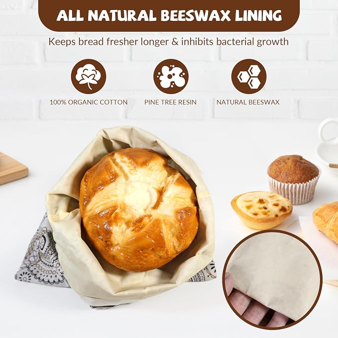 CHENGLIN Beeswax Cotton Bread Bags – Reusable Artisan Bread Storage Bags – Natural Linen & Beeswax for Sourdough, Baguette, and Loaf – Eco & Elegant