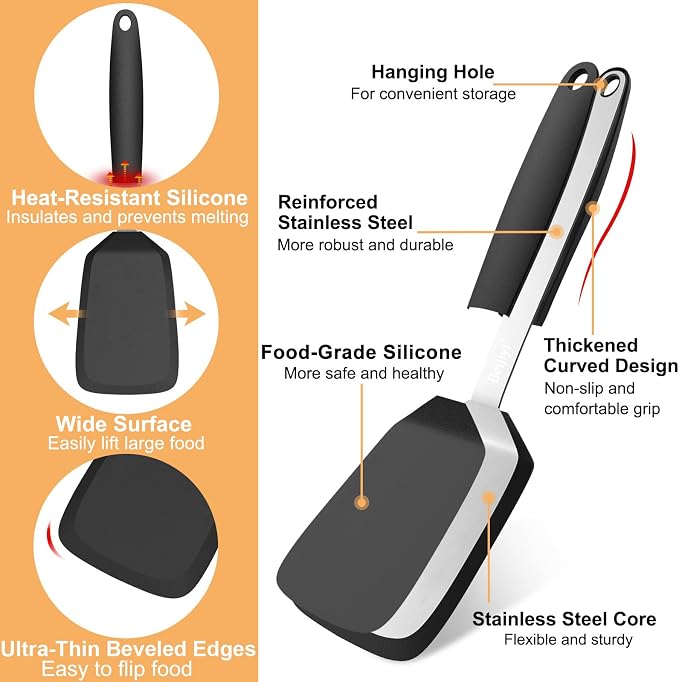 Beijiyi Silicone Spatula Turner, 600°F Heat Resistant, 13 x 3.2 in (Black) | BPA Free, Non-Toxic, Flexible Turner, Non Scratch for Non Stick Frying Pan, Flipping, Cooking, Dishwasher Safe