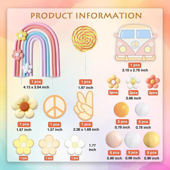 40 PCS Groovy Cake Topper Boho Cake Toppers Rainbow Cake Decoration Mini Balls Daisy Flower Cake Toppers for Retro Hippie Party Girl Birthday Party Groovy Boho Rainbow Wedding Party Supplies