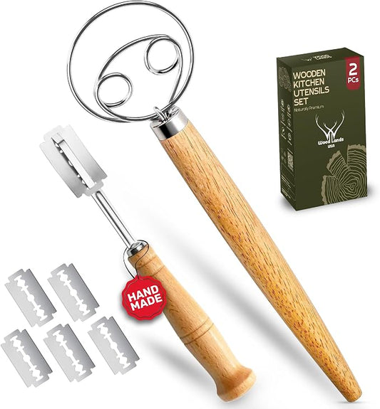 WOODLANDS USA Danish Dough Whisk for sourdough 13 Inch - 304 Stainless Steel Hook with Long Wooden Handle (Dough Whisk + Bread Lame)