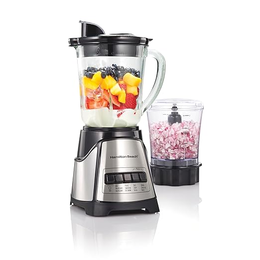 Hamilton Beach Power Elite Blender for Smoothies with 3-Cup Vegetable Chopper, Mini Food Processor, 40oz Glass Jar, 12 Functions for Puree, Ice Crush, Black (58149)