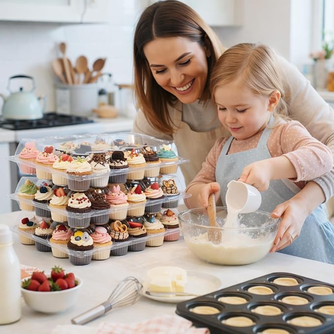 WIKDAY (24 Count x 10 Sets Plastic Cupcake Containers with Liners, Clear Cupcake Holder with Lids, Disposable Cupcake Carrier for Bakery, Cupcake Storage Box for Parties, Bake Sale Packaging