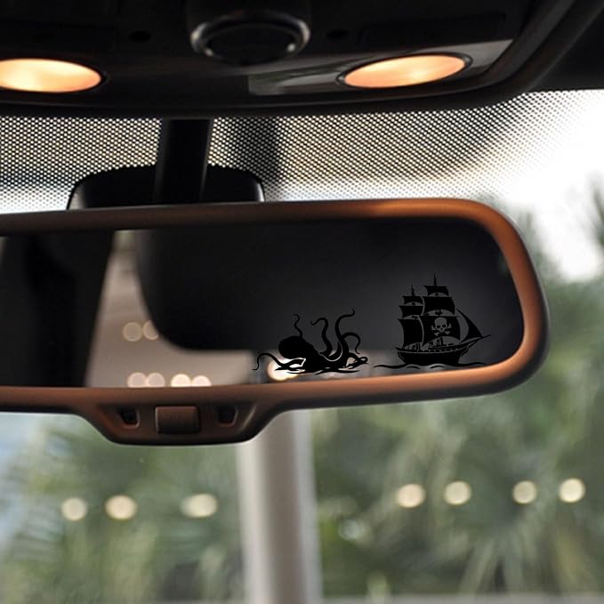 3 x Pirate Ship Car Mirror Decal Black Stickers for Cars Rearview Mirror Decal for Women Cute Decals Vinyl Affirmation Stickers for Window, Tumbler, and Water Bottle