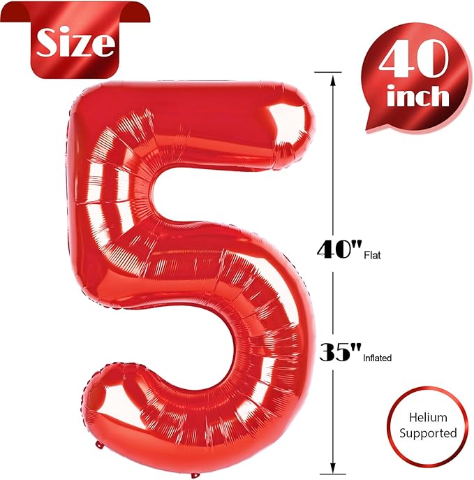 Red Number 5 Balloon 40 Inch, 5th Birthday Party Decorations for Children, Giant 5 Foil Balloon for Party Supplies