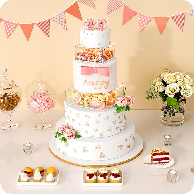 2PCS Clear Acrylic Cake Stand, Fillable Cake Box Riser Cake Tier, Square Cake Display Box with Lid, Decorative Centerpiece Box for Wedding Birthday Party (2pcs, 12" Dx4” H; 8" Dx4” H, 2M LED Lights)