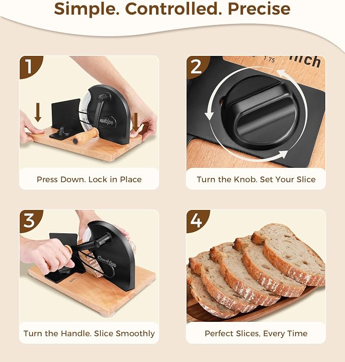 SOWKIPE Upgraded Manual Bread Slicer for Homemade Sourdough Bread, Adjustable Thickness Hand Crank Bread Cutter with Metal Guide, Scale Line, Even Slices, Suction Cups, Cover (Black)