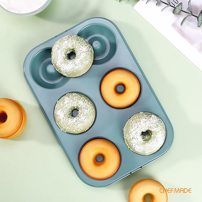 CHEFMADE Mini Donut Pan, Nonstick 6-Cavity Carbon Steel for Baking | Ring Donut Pan for Baking, Bagel Pan Bakeware. Nonstick steel, even heat to 428°F. PTFE/PFOA free. Easy clean (Green)