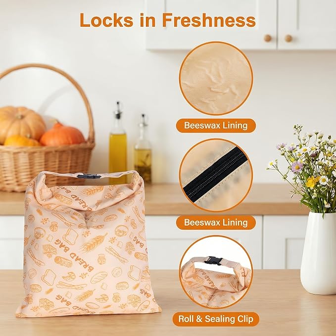 2 Pack Reusable Beeswax Bread Bags, 17x13 Inches Large Linen Sourdough Keeper, Natural Beeswax Lining, Plastic-Free Eco-Friendly Food Storage for Homemade Bread, Keep Fresh Longer