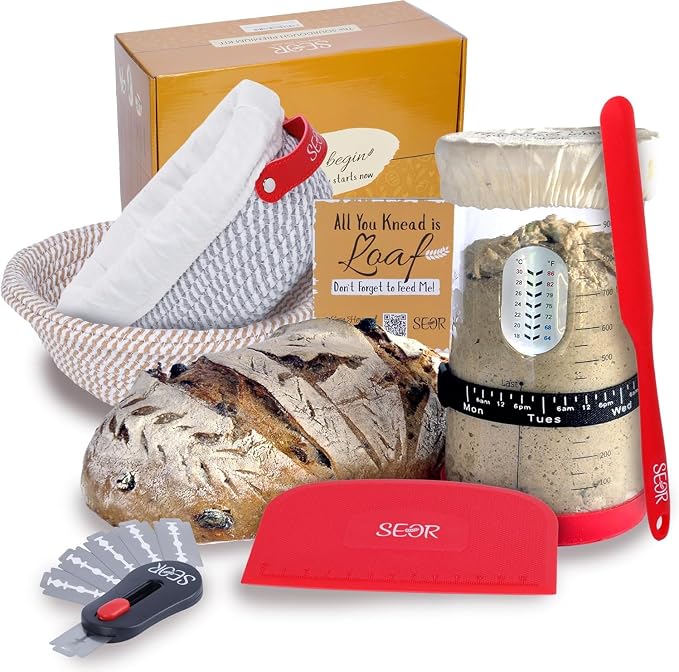 SEOR 8Pcs Sourdough Starter Kit with Glass Fermentation Jar 42oz-Complete Bread Baking Kit Includes 2 Bread Proofing Basket-Sour Dough Tools & Baking Gifts for Women-Sour Dough Kit for Artisan Loaves