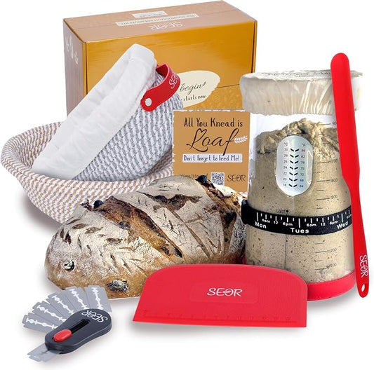 SEOR 8Pcs Sourdough Starter Kit with Glass Fermentation Jar 42oz-Complete Bread Baking Kit Includes 2 Bread Proofing Basket-Sour Dough Tools & Baking Gifts for Women-Sour Dough Kit for Artisan Loaves