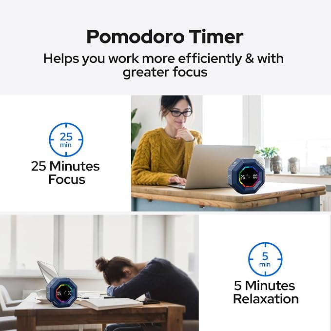 Visual Timer for Kids Kitchen Timer Pomodoro Magnetic Visual Countdown | Smart Gravity Sensing Timer with Large Display Loud Alarm for Study Cooking Classroom Homework Time Management