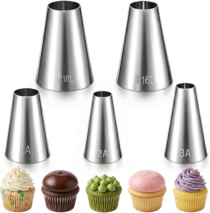 TIESOME 5PCS Large Round Hole Piping Tips for Cake Decorating, Professional Stainless Steel Cupcake Frosting Nozzles Tool Pastry Icing Dispensers for Cake Cookies Pastry Fondant Cream Bag Filler