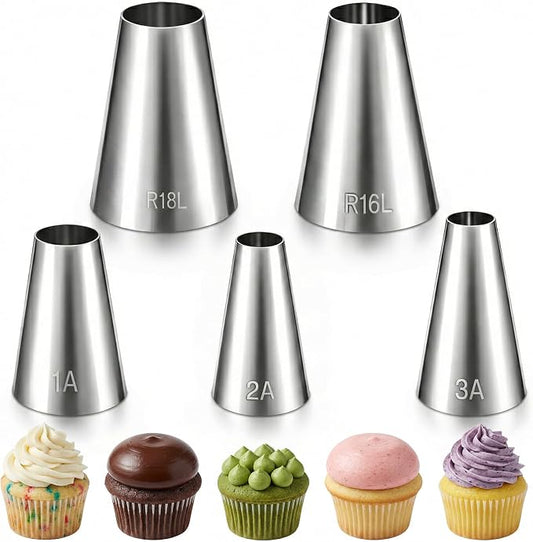 TIESOME 5PCS Large Round Hole Piping Tips for Cake Decorating, Professional Stainless Steel Cupcake Frosting Nozzles Tool Pastry Icing Dispensers for Cake Cookies Pastry Fondant Cream Bag Filler