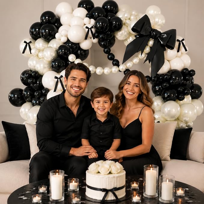 Black Bow Balloon Arch Kit, Double Stuffed Black White Bow Coquette Birthday Decorations for Bachelorette Bridal Shower Wedding Engagement Prom Party Decorations with Pre-Tied Bows