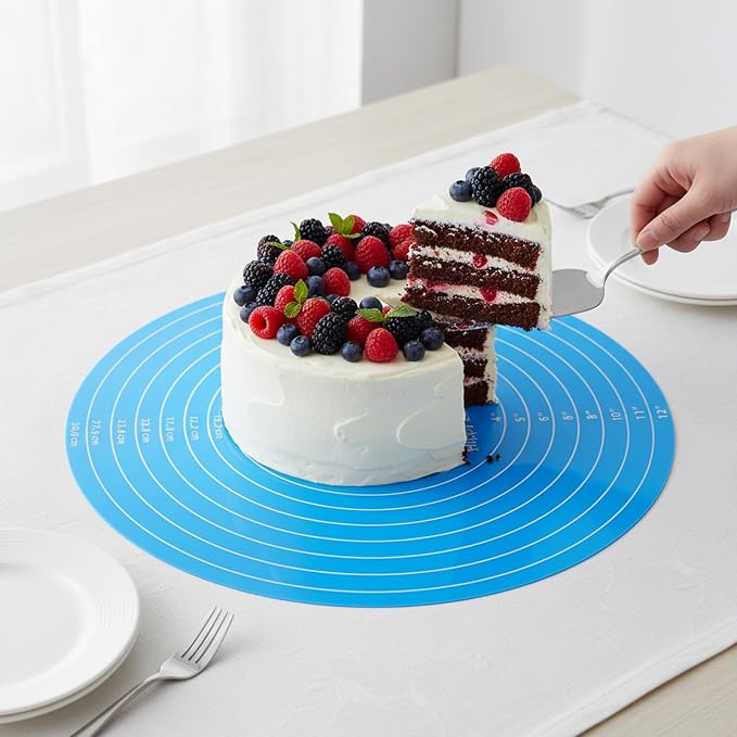 12 Inch Round Baking Mat 2PCS Silicone Cake Mat with Measurements | Non-Stick Heat Resistant Cake Turntable Non-slip Mat Reusable Cookie Pad for Pastry Dough and Baking (Pink and Blue)