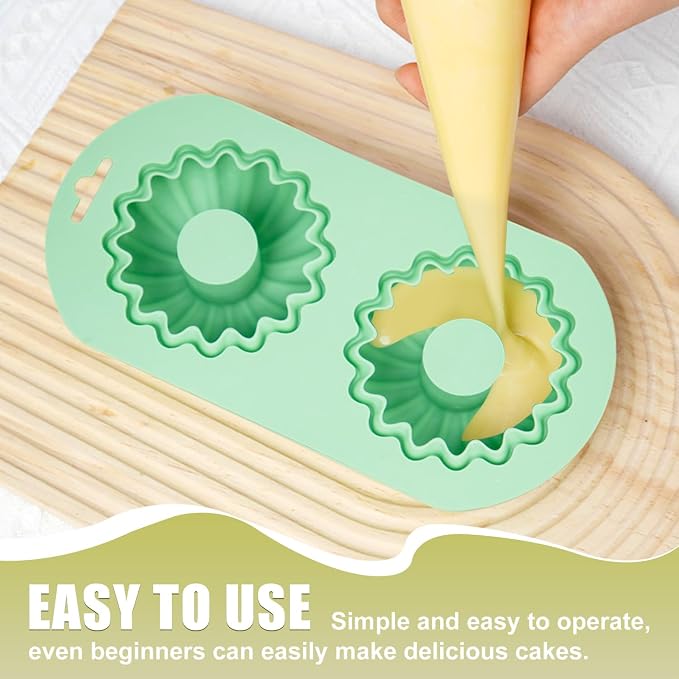 QELEG 2 Pack Silicone Donut Pan, 2-Cavity Fluted Tube Cake Pan Non-stick Silicone Baking Mold for Donuts, Cornbread, Brownies, Bagel, Jellies Green 2Pcs/2-Cavity, sunflower