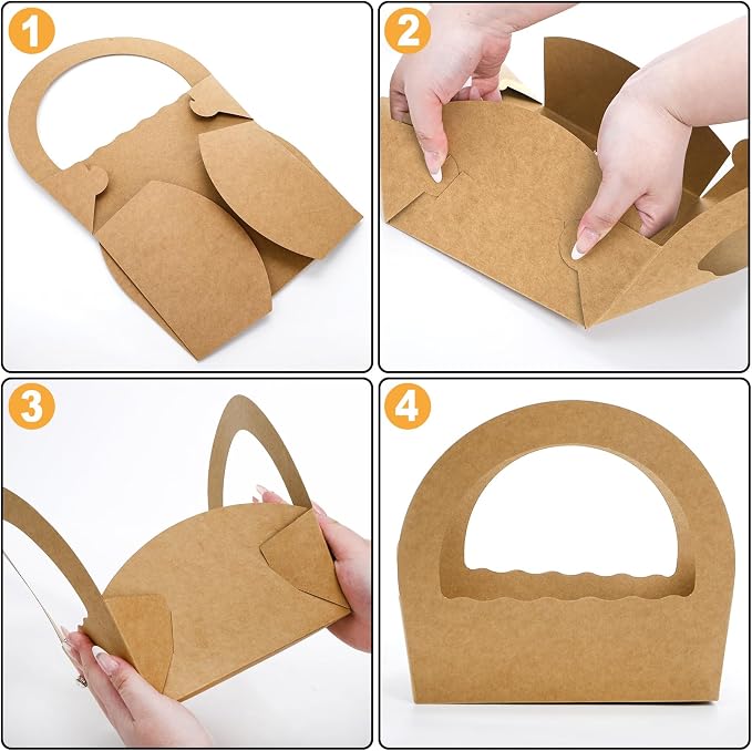 ELFULLY 50 Pack Paper Baskets for Gifts, 8.6" Kraft Basket with Handle Bulk, Empty Cookies Boxes for Desserts Snacks Donuts Pastries, Gifting Baskets for Party Wedding Anniversary Business DIY, Brown