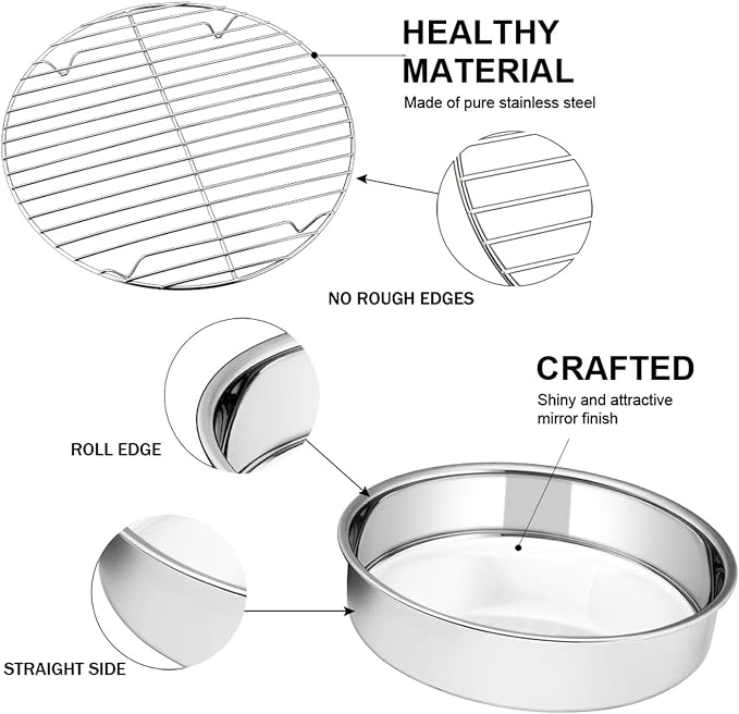 E-far 9½-inch Cake Pan with Rack Set, Stainless Steel Round Cake Pans and Baking Cooling Racks, Non Toxic & Healthy, Mirror Polished & Dishwasher Safe - 4 Pieces (2 Pans + 2 Racks)