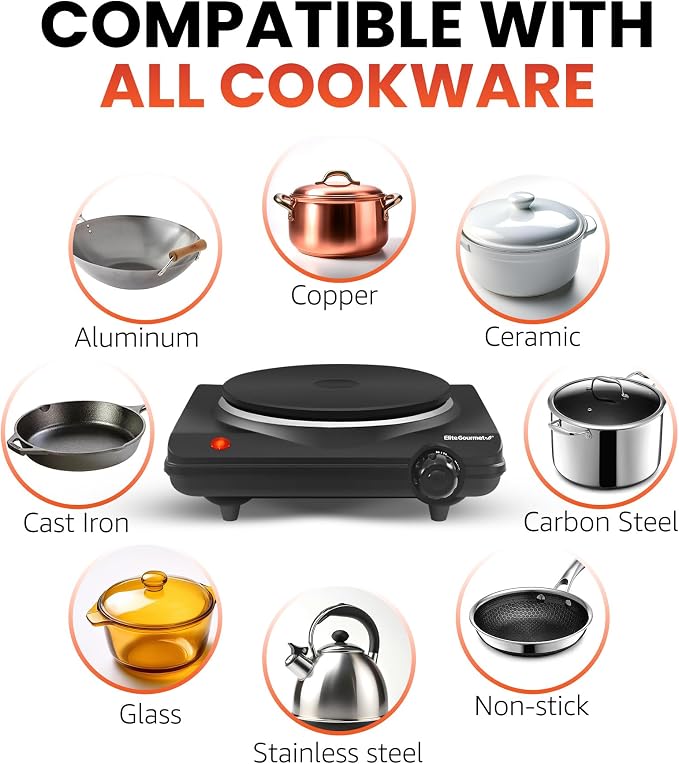 Elite Gourmet Countertop Electric Burner, 1000W Cast Iron Hot Plate, 7 Heat Settings, Portable Cooktop for RV, Dorm, Office & Small Kitchens, Road-Ready & Compact (Pack of 4)