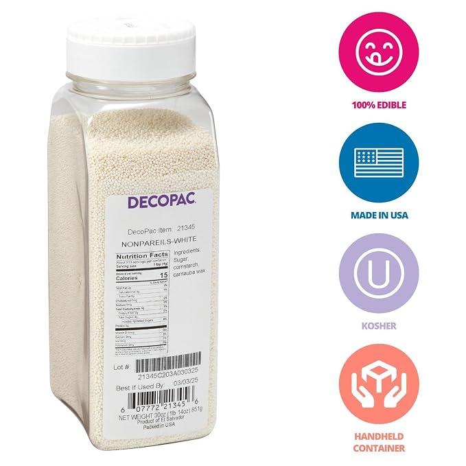 DecoPac White Nonpareils, 30oz/85g, Fancy Sprinkles in Handheld Container, Edible Sprinkles For Celebration Cakes, Cupcakes, Cookies and Donuts, (21345)