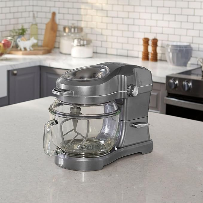 Kenmore Elite Ovation 5 Qt Stand Mixer, 500 Watts, with Revolutionary Pour-In Top, Tilt Head, Flat Beater, Whisk, Dough Hook, 360-degree Splash Guard, Glass Bowl, LED Light, Metallic Grey