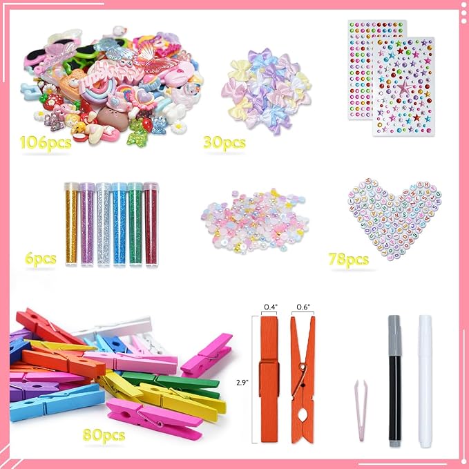 Cheer Pins for Cheerleaders, 80 Pcs Team Spirit Clips Making Kit, Wooden | 250+ Pcs Mini Resin Charms, Bows, Beads, Stickers, Fade-resistant, Ideal for Team Activities, Backpack Deco, Gift Giving