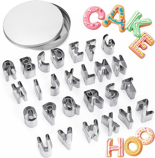 ofone Small Alphabet Cookie Cutters(A - Z), 26 Pcs Stainless Steel Fondant Letter Cutters Set, Mini Metal Biscuit Cutter Shapes for Baking Cakes Pastry Polymer Clay Fruits