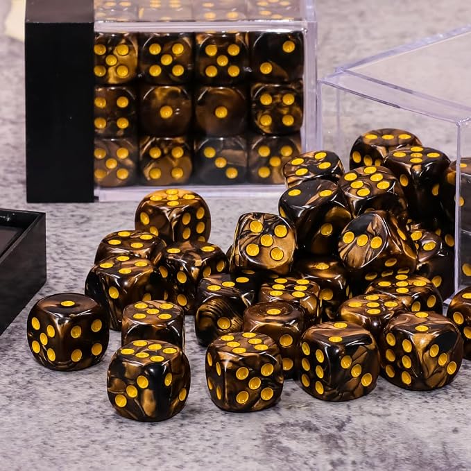 36 of Pack 12MM 6 Sided Dice Set,Two Colours D6 Game Dice Set, 6 Sided Standard Dices for Yahtzee, Bunco,with Portable Plastic Box(Golden+Black)
