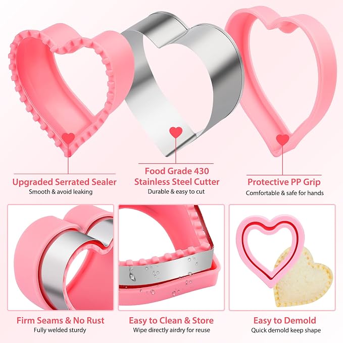 Heart Cookie Cutter Set, 6 Pcs Valentines Day Cookie Cutters, Sandwich Cutter and Sealer,Heart Shaped Cookie Cutter for Biscuits Cakes Fruit and Sandwiches