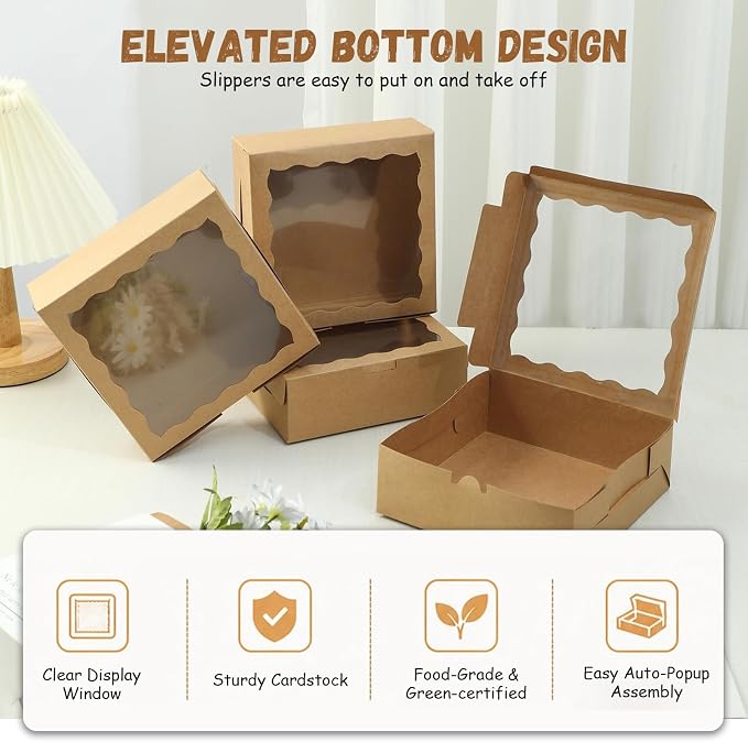20 Pack Natural Kraft Paper Bakery Boxes with Clear PVC Window, 7x7x2.5 inch Pie & Cookie Boxes, Large Brown Containers for Pastries, Cupcakes, Cakes & Desserts