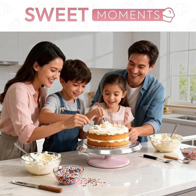 Riccle Rotating Cake Stand – 12" Aluminium Alloy Revolving Cake Turntable | Cake Decorating Kit with Offset Spatula, Icing Smoother Scrapers, Silicone Spatula & Cake Server | Cake Decorating Supplies Set