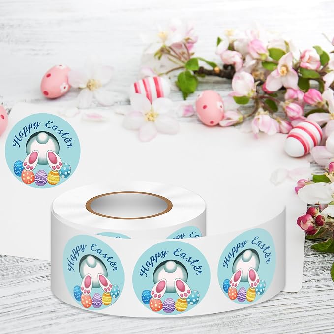 Louise Maelys 500 Pcs Easter Stickers Roll, 1.5 Inch Cute Egg Bunny Rabbit Holiday Lable, Happy Easter Adhesive Decoration Round Labels for Baking Card Gift Wrapping Envelope Craft Making