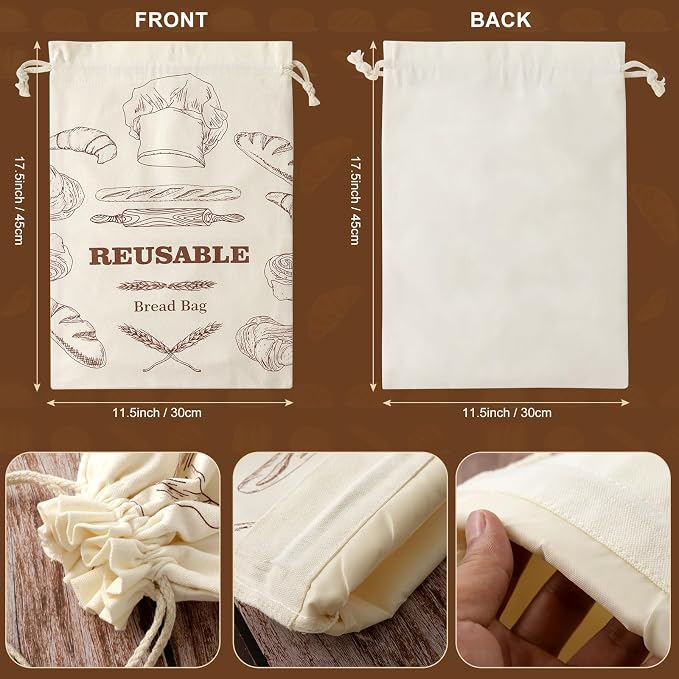 Bread Bags for Homemade Bread, 2 Pack Reusable Bread Bags, Linen Bag with Plastic Liner for Sourdough & Bread Storage